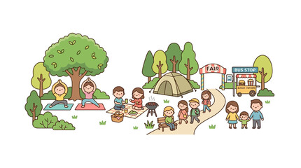 Fototapeta premium Children and families enjoying summer park activities.