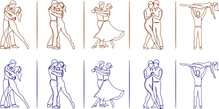 Line Art Collection of Couples and Dancers. Minimal vector wedding icons. Hand drawn men embracing and dancing figures. Elegant romantic relationship outline design for invitations and web