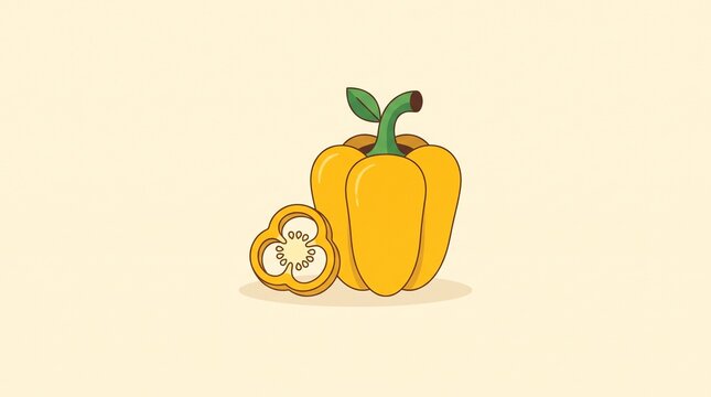 Minimal yellow bell pepper with sliced section and generous negative space in a modern flat design illustration for food advertising, packaging, recipes, grocery, and culinary branding.