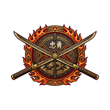 Japanese samurai katana emblem with crossed swords and fire, traditional martial arts shield with dragon and kanji, warrior crest