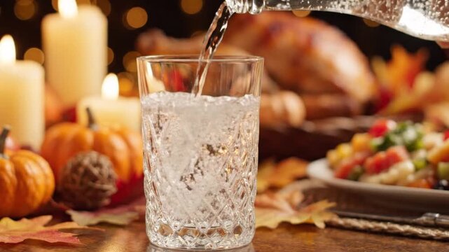 Pouring Fresh Water into Cut Crystal Glass on Festive Thanksgiving Dinner Table with Roasted Turkey, Candles, and Pumpkins Background