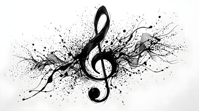 Musical treble clef symbol composed of artistic black ink splatters and flowing chaotic lines isolated on a clean white background