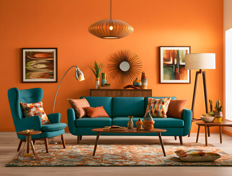 A retro living room with vivid orange walls showcases mid-century modern furnishings in teal and boasts wood accents. The inviting space is complemented by patterned textiles and soft, cozy lighting.