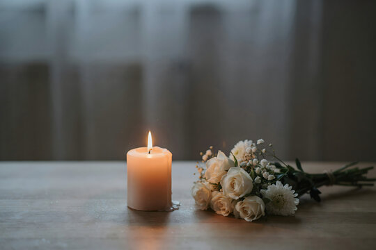 A single lit candle burning next to a small bouquet of white roses and chrysanthemums on a wooden table, soft lighting, peaceful atmosphere
