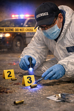Forensic scientist examining evidence with blue light source.