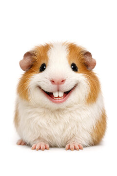 This is a picture of an adorable Guinea pig with its mouth open as if it's laughing or smiling. The animal has large eyes and fluffy fur, typical for this small rodent species.