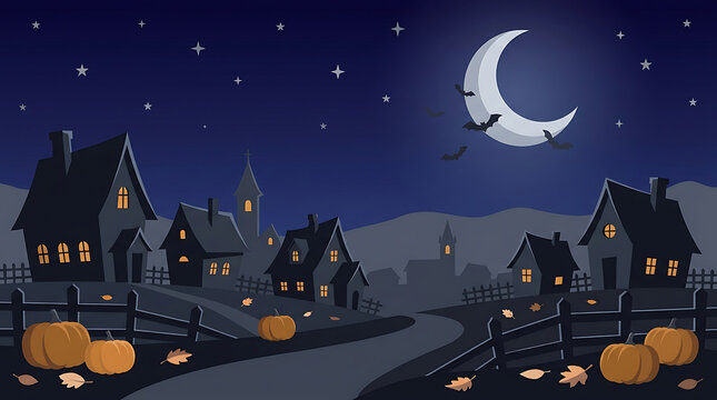 Spooky halloween town with glowing pumpkins under a crescent moon and starry night