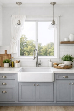 Galley sink in white, brass faucet, shaker cabinets, hanging racks for kitchen tools
