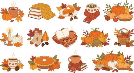 Obraz premium Cozy Autumn Season and Thanksgiving Harvest Vector Illustration Set with Pumpkins Pumpkin Pie Hot Cocoa Books and Fall Floral Arrangements