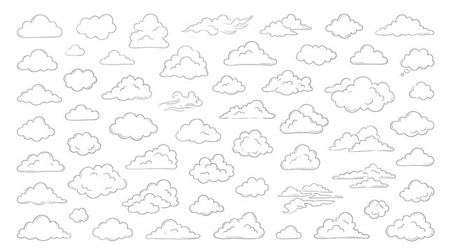 Hand drawn collection of fluffy white clouds featuring various shapes and sizes isolated against a clean simple white background setting