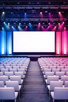 An auditorium with a large stage at the end, colorful seating for audience, and professional lighting. Suitable for conferences, lectures or presentations.
