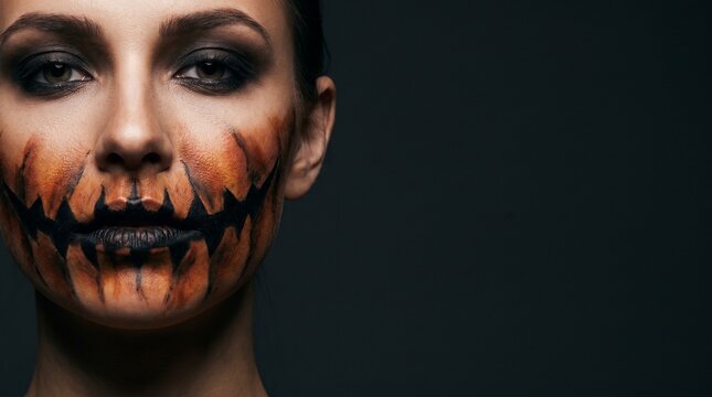 Close up portrait of woman with Jack-O-Lantern pumpkin mouth face paint for Halloween