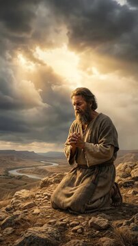 Ancient prophet meditate: Noah plead, holy vision, prepare ark, save family, animal pair, global flood, future hope, divine promise, new beginning.