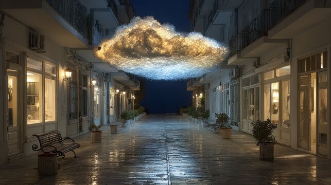 Surreal nighttime alley scene with glowing cloud. Buildings on either side lead to a dark sky horizon