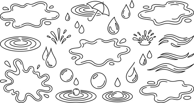 Water Puddles and Rain Ripples Line Art Icon Set Featuring Splashes, Raindrops, Umbrella, Bubbles, and Wave Flow Elements for Weather Designs