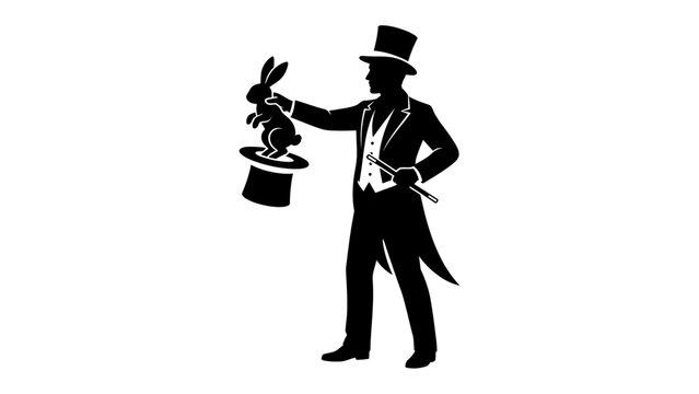 Magician with Rabbit and Top Hat: A silhouette of a magician in a tuxedo and top hat, holding a rabbit pulled from the hat, with a magic wand in his other hand.