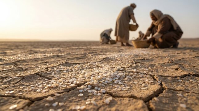 Celestial wilderness nourishment: Manna fall, Heaven send, Israelite gather, Divine sustenance, dry ground, journey endure, Bible account, exodus miracle.