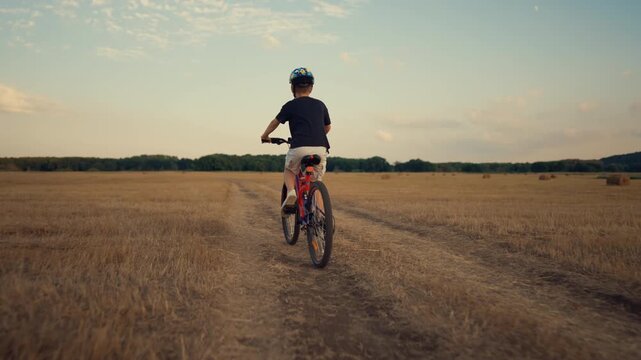 Young boy confidently rides his bicycle down sunlit country road, golden rye field in harvest season. Enjoy freedom and simple joys, family and heartfelt scene. Back view of child on bike in nature
