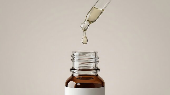 A close-up view of cistus essential oil being dispensed from a glass dropper into a brown bottle for beauty, cosmetic, or holistic wellness therapy