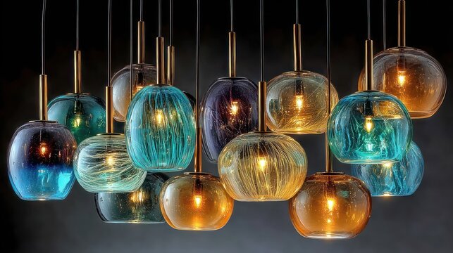 Group of hanging pendant lights with colorful glass shades and golden accents