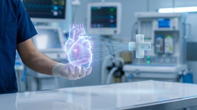 Medical professional holding a holographic human heart with a medical cross in a modern operating room, showcasing advanced healthcare technology and augmented reality.