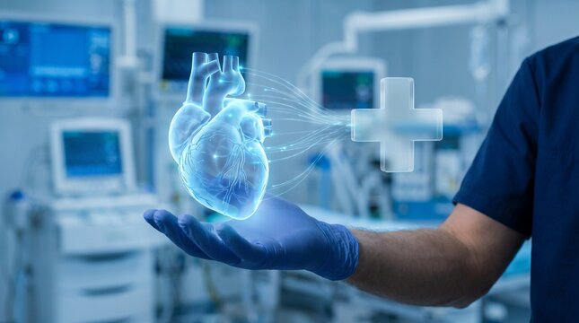 Medical professional holding a glowing holographic human heart in a high-tech hospital environment, symbolizing advanced cardiology and healthcare innovation.