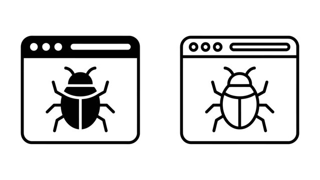 Software Bug Icons: Two simple line art icons depicting a stylized beetle, representing a software bug or error, within a web browser window.