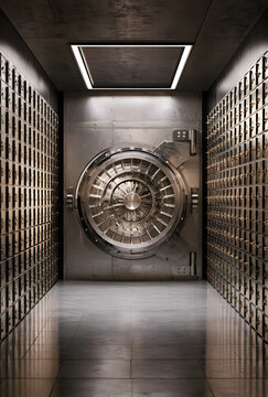 Secure the inner workings of the bank vault with tiers of safe deposit boxes and a robust metal door, financial safety