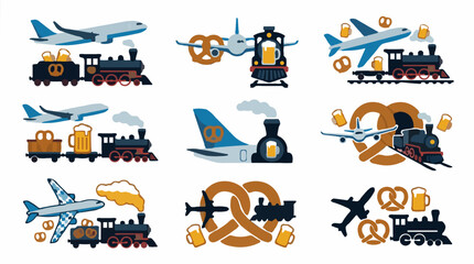 Fototapeta premium Vector icons of airplanes and trains with pretzels and beer mugs, flat design graphic elements