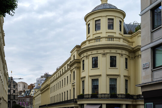 London - 07 22 2022: William IV Street neoclassical fa&ccedil;ade with domed corner tower