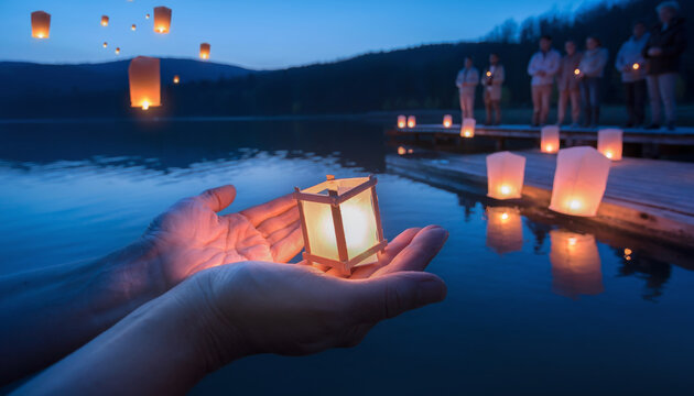People releasing floating lanterns on a calm lake during evening.