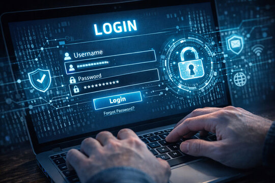 Hands typing on a laptop computer with a secure login screen featuring passwords, user credentials and encryption for cyber security and digital identity management.