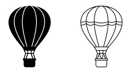 Hot Air Balloon Silhouette: A pair of hot air balloons, one a solid black silhouette and the other a detailed line art drawing, represent adventure and travel. © Wahida