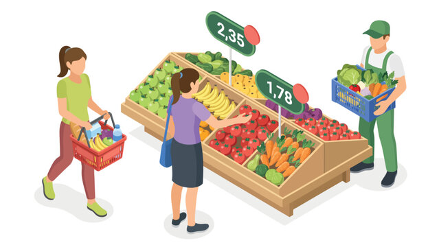 Isometric market stall with fresh vegetables fruits and shoppers vector