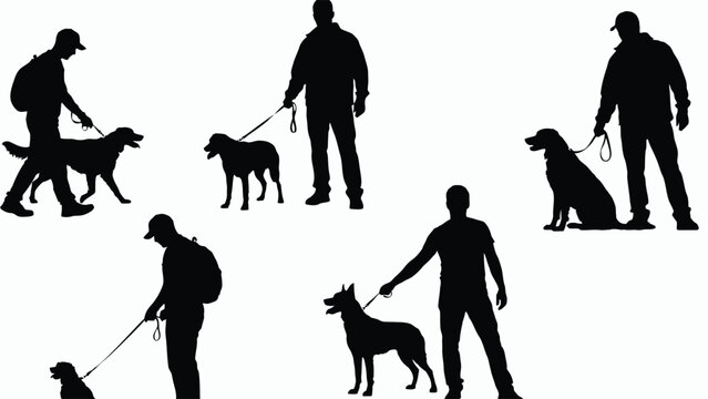 Men walking and training dogs on leash silhouette vector set