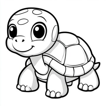 Black outline cute baby turtle drawing suitable for coloring page activity, mascot line art icon.