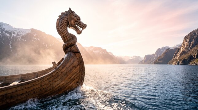 Carved Wooden Dragon Head Prow Viking Longship Water Coast