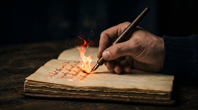 Hand writing in an open aged book beside a small flame, with warm firelight illuminating handwritten marks and worn pages against a dark background.