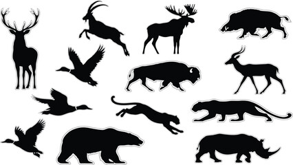 Obraz premium Wild animals and forest birds silhouette vector sticker set