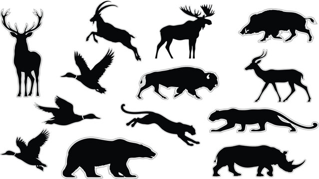 Wild animals and forest birds silhouette vector sticker set