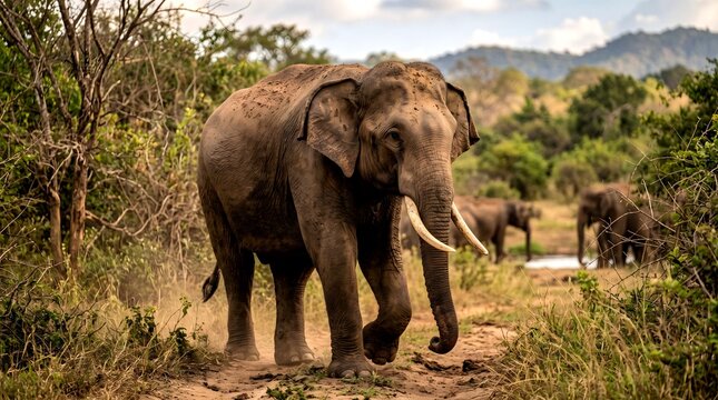 Adult African elephant walks toward the camera along a dry bush track, framed by scrub vegetation and distant hills for wildlife, safari, and conservation content.