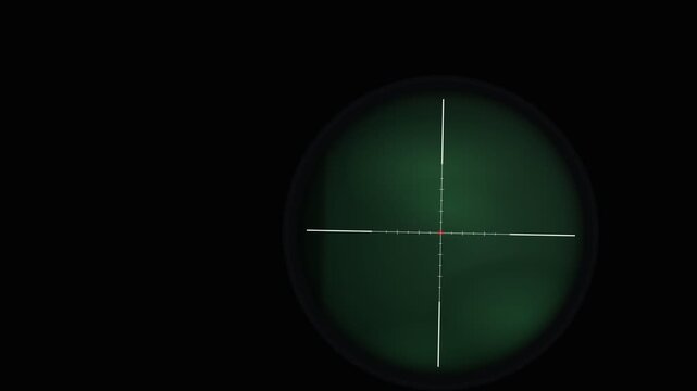 Night vision telescope view with simple white crosshair. 4K Video