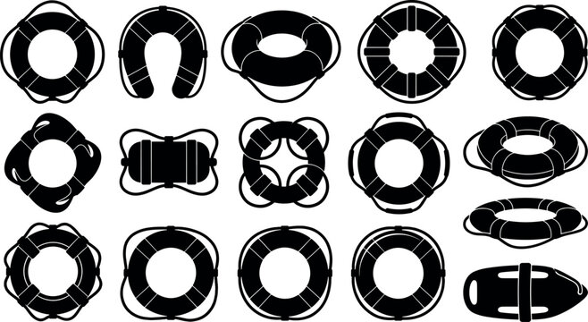 Nautical Lifebuoy and Marine Lifesaving Equipment Silhouette Icon Set Featuring Life Preserver Rings, Buoys, Rescue Can, and Floating Safety Gear Symbols for Maritime Designs
