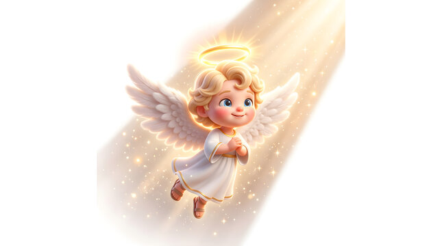 Cute baby angel flying in heavenly light beam with glowing halo and wings 3D render illustration isolated on white background