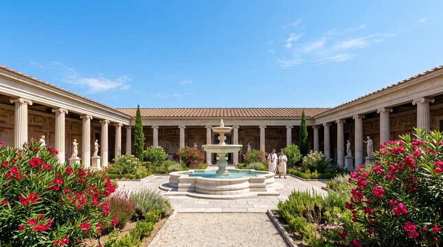 Ancient Roman Villa Courtyard Garden Fountain Blue Sky Sunlight