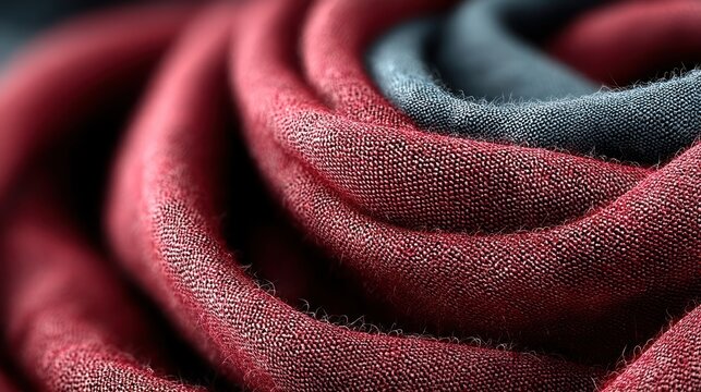 Close-up view of layered, rolled fabric in shades of deep red and grey