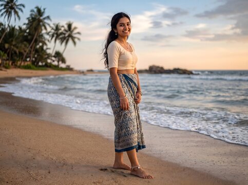 Sri Lankan woman standing barefoot on a tropical beach at sunset, wearing a traditional patterned wrap skirt and white blouse beside ocean waves and palm trees.