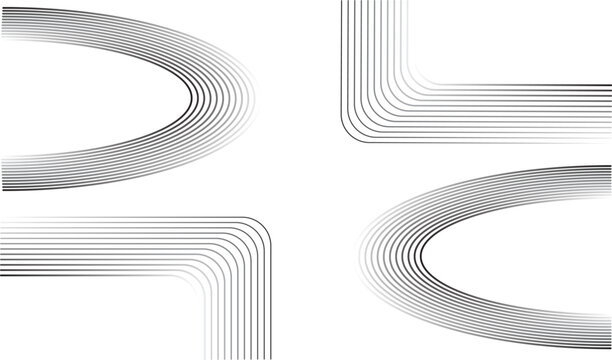 Minimalist black linear frame elements with rounded corners and smooth arch curves set vector illustration for futuristic architectural branding, abstract poster background, and graphic design layout.