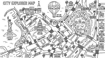 Fototapeta premium Black and white city map illustration with landmarks, streets, parks, and transportation icons, line art style