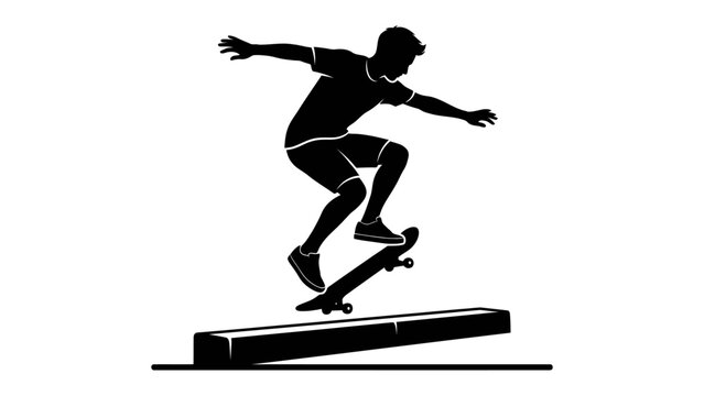 Skateboarder Performs Trick: Silhouette of a skateboarder executing a trick, balancing on a ledge with dynamic motion and athletic stance.